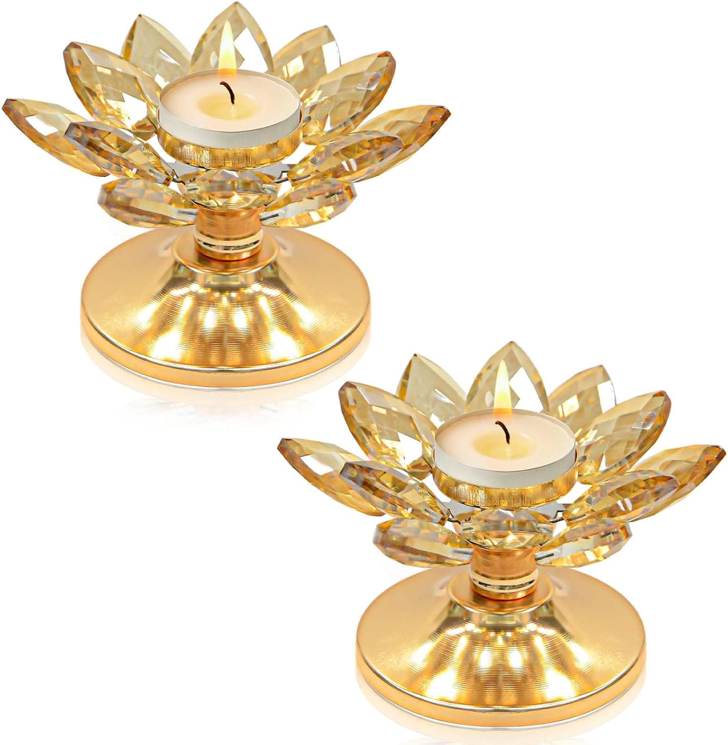 2 PCS Gold Crystal Flower Tea Light Holder, Glass Tealight Candlestick with Metal Base, Votive Candle for Table Centerpiece
