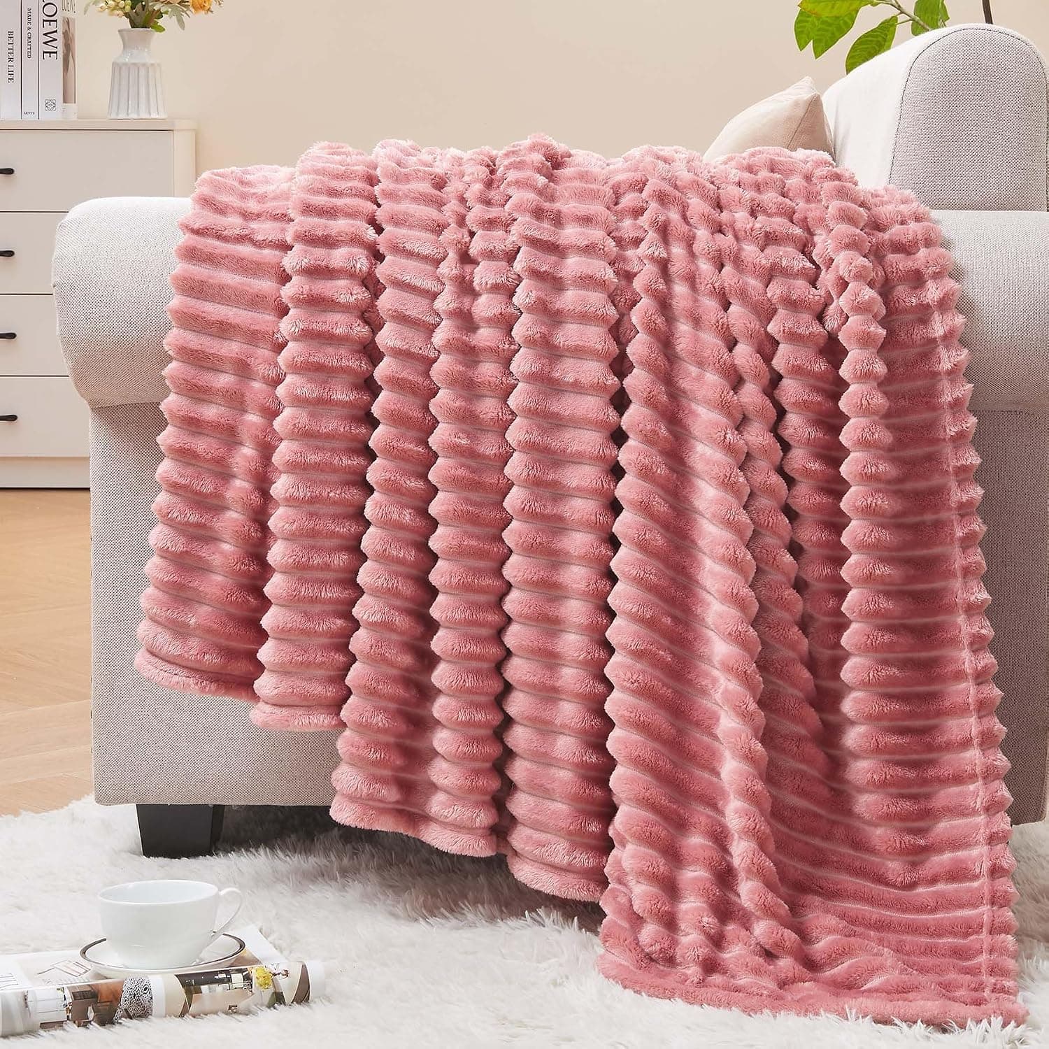 BEDELITE 3D Ribbed Jacquard Pink Fleece Throw Blanket for Couch, 50x60 Inch - image 1