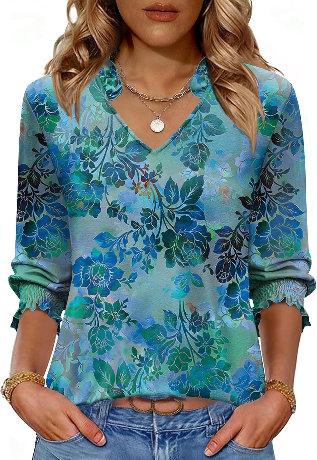 Kistore Women's Dressy Casual Blouse - Peacock Blue Floral with Pleated Cuffs - image 1