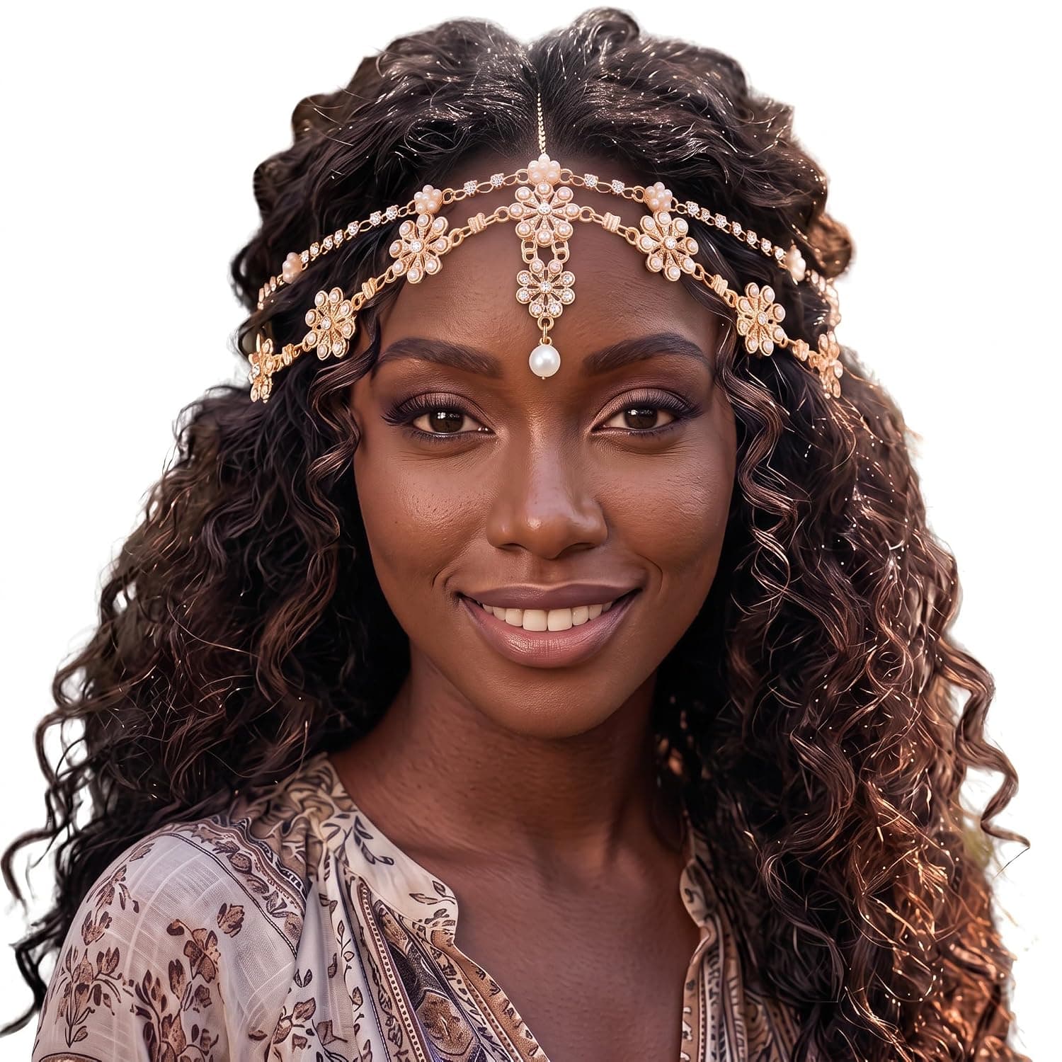 Gold Head Chain Pearl Rhinestone Egyptian Headpiece Boho Jewelry - image 1