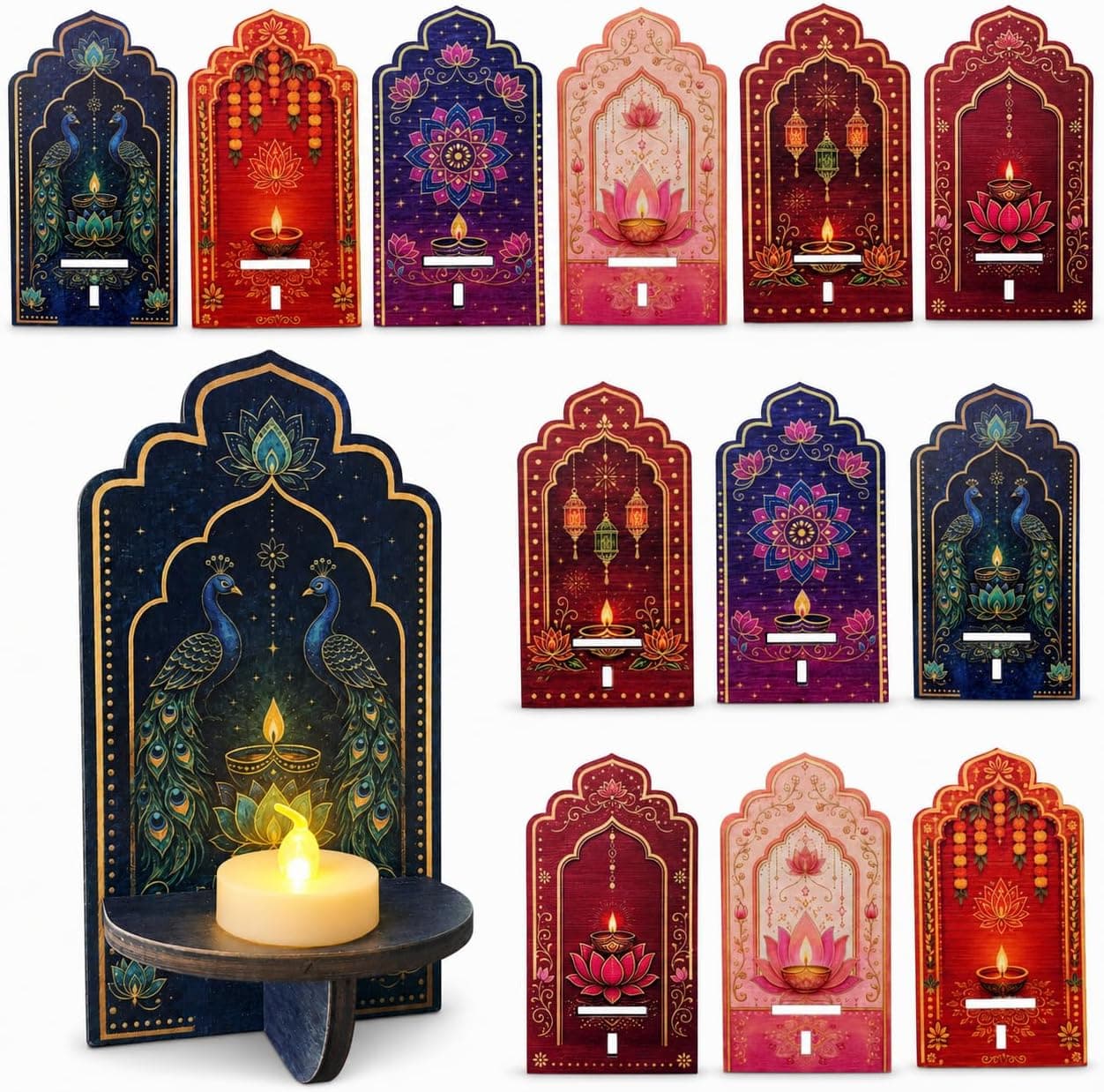 Wovelli 12 Pcs Diwali Wall Decorations Set - Traditional Lotus & Diyas Candle Holders for Festive Home Decor